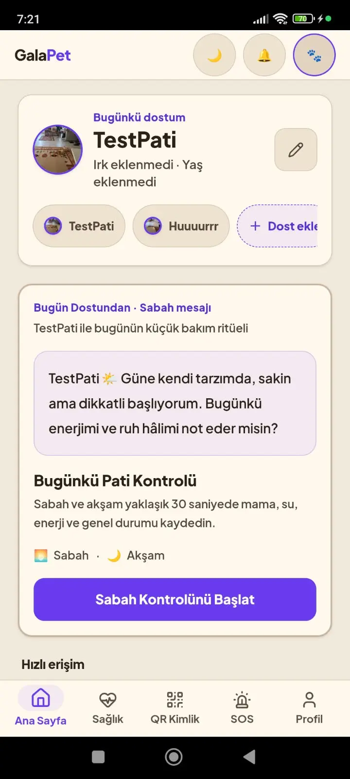 GalaPet ana sayfasında günlük bakım kontrolü