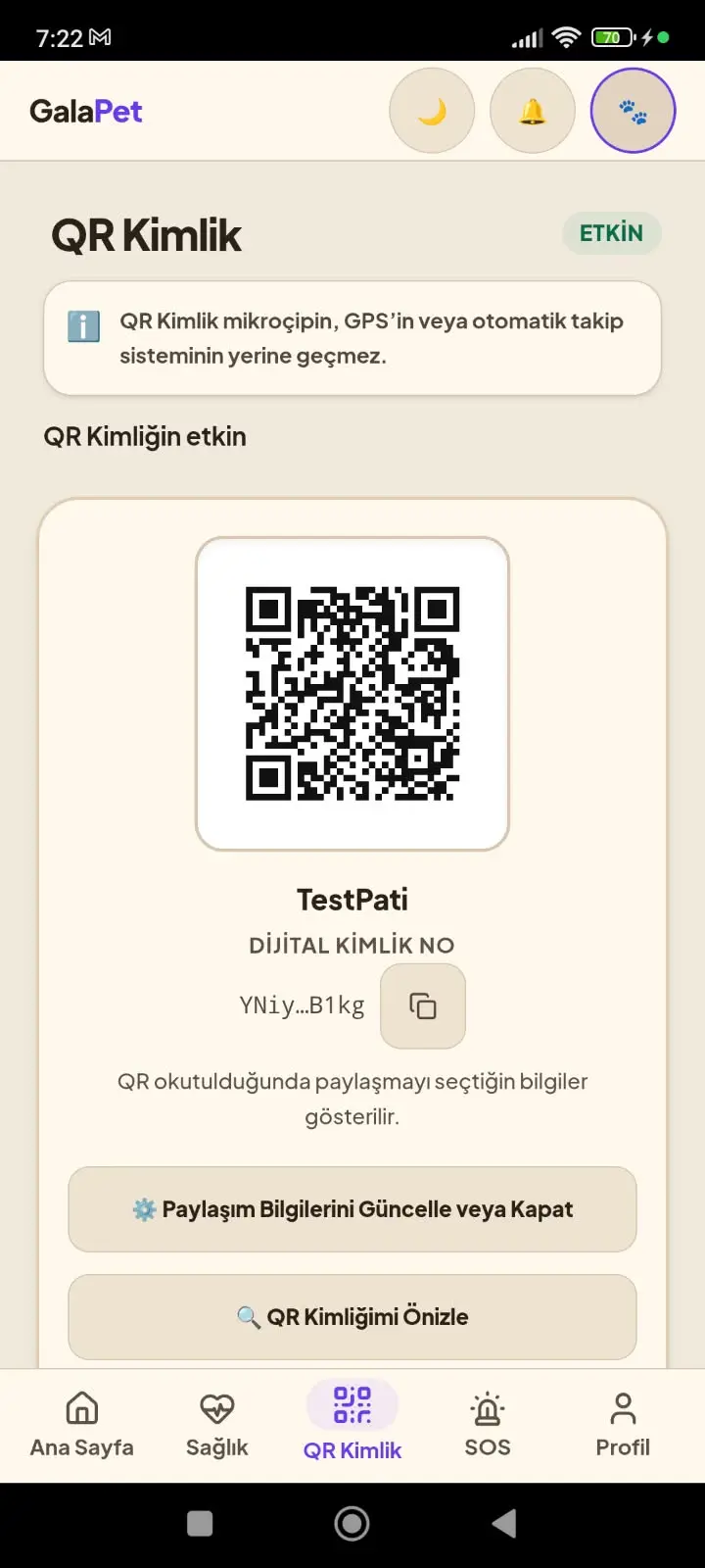 GalaPet QR Kimlik ekranı